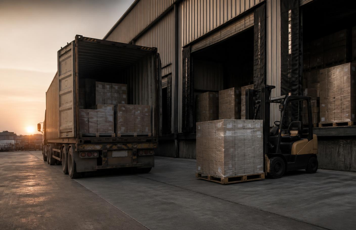 Cargo being unloaded at a warehouse loading dock